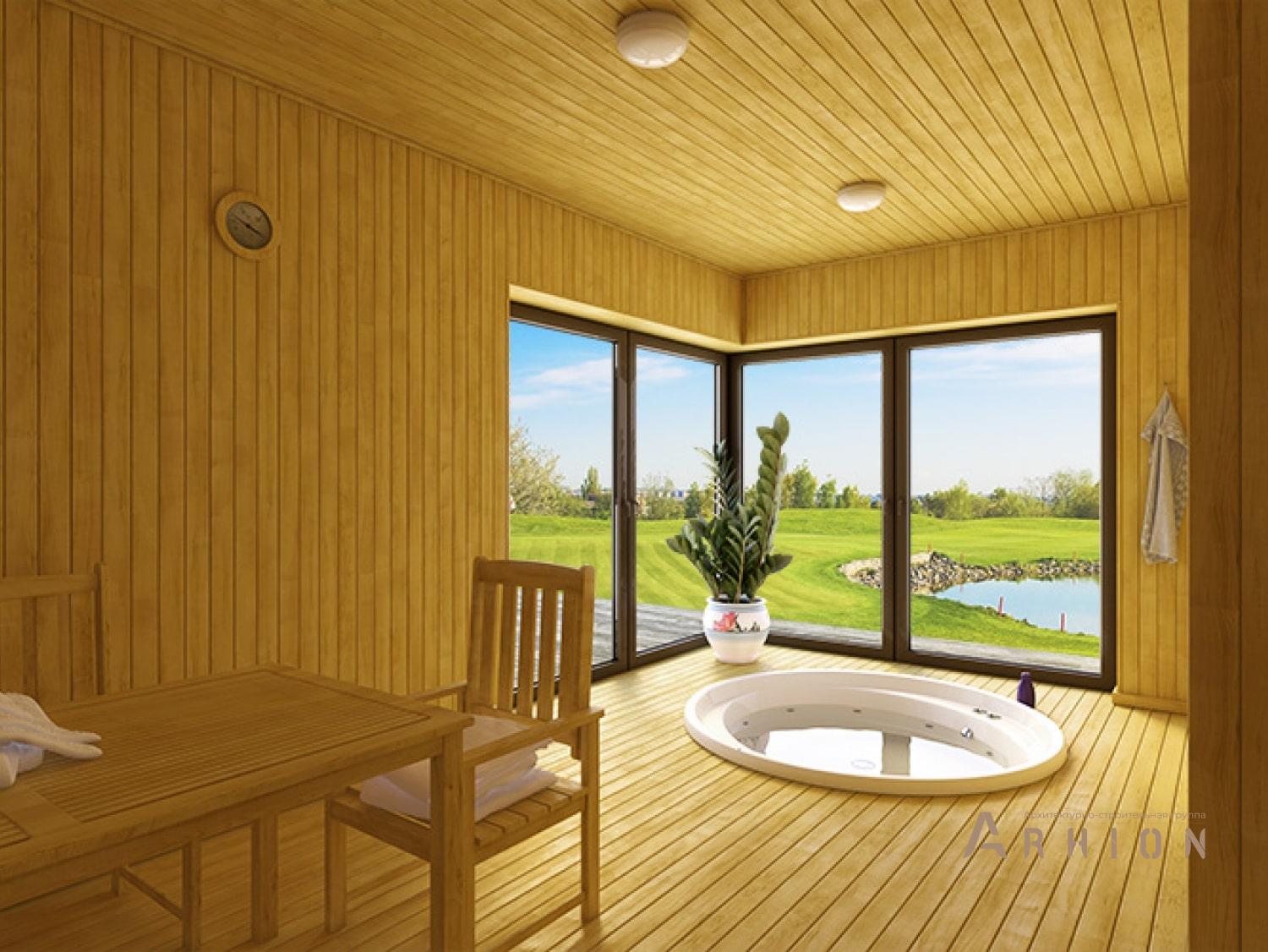 5. Проект одноэтажного дома в стиле лофт с плоской кровлей , 112-240, площадью - 239 кв c сауной, терассой, гаражом